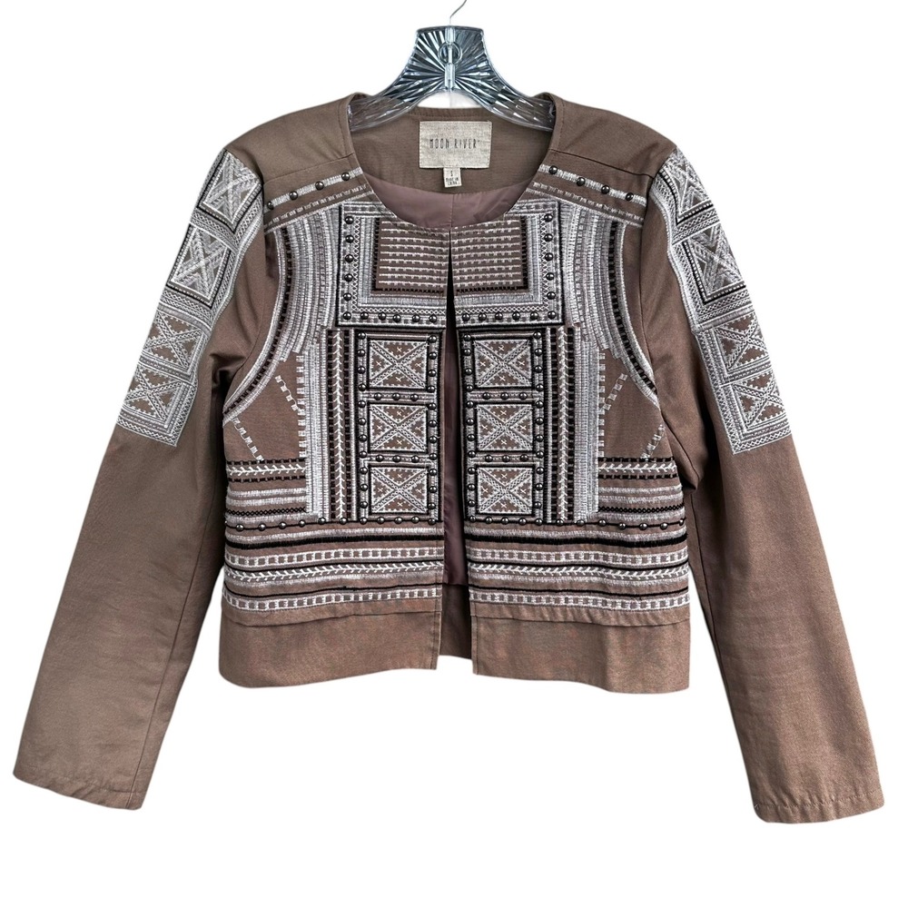 Moon River Tan Brown Embroidered Studded Cotton Jacket Boho Cropped Size Small